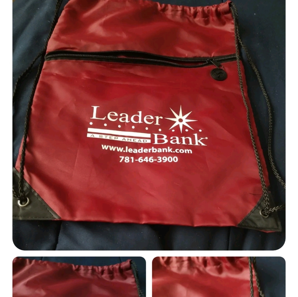 Leader Bank Drawstring giveaway burgundy advertising in white black cords zipper